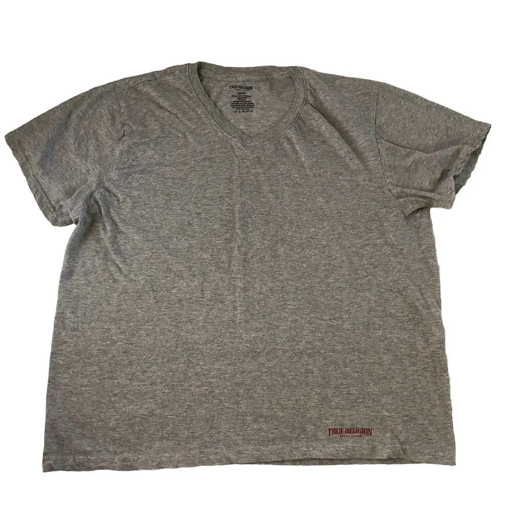 True Religion Mens Heather Gray V-Neck Short Sleeve T-Shirt Red Logo Size Large
